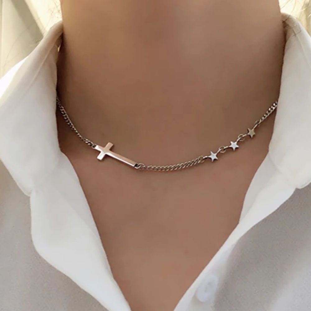 NEW 925 STERLING SILVER STAR CROSS NECKLACE, NICE NECKLACE, CUTE NECKLACE